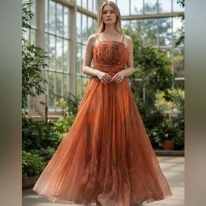 Carolina Herrera Vintage Burnt Orange Empire Waist Silk Gown Size 8 $4500 Retail